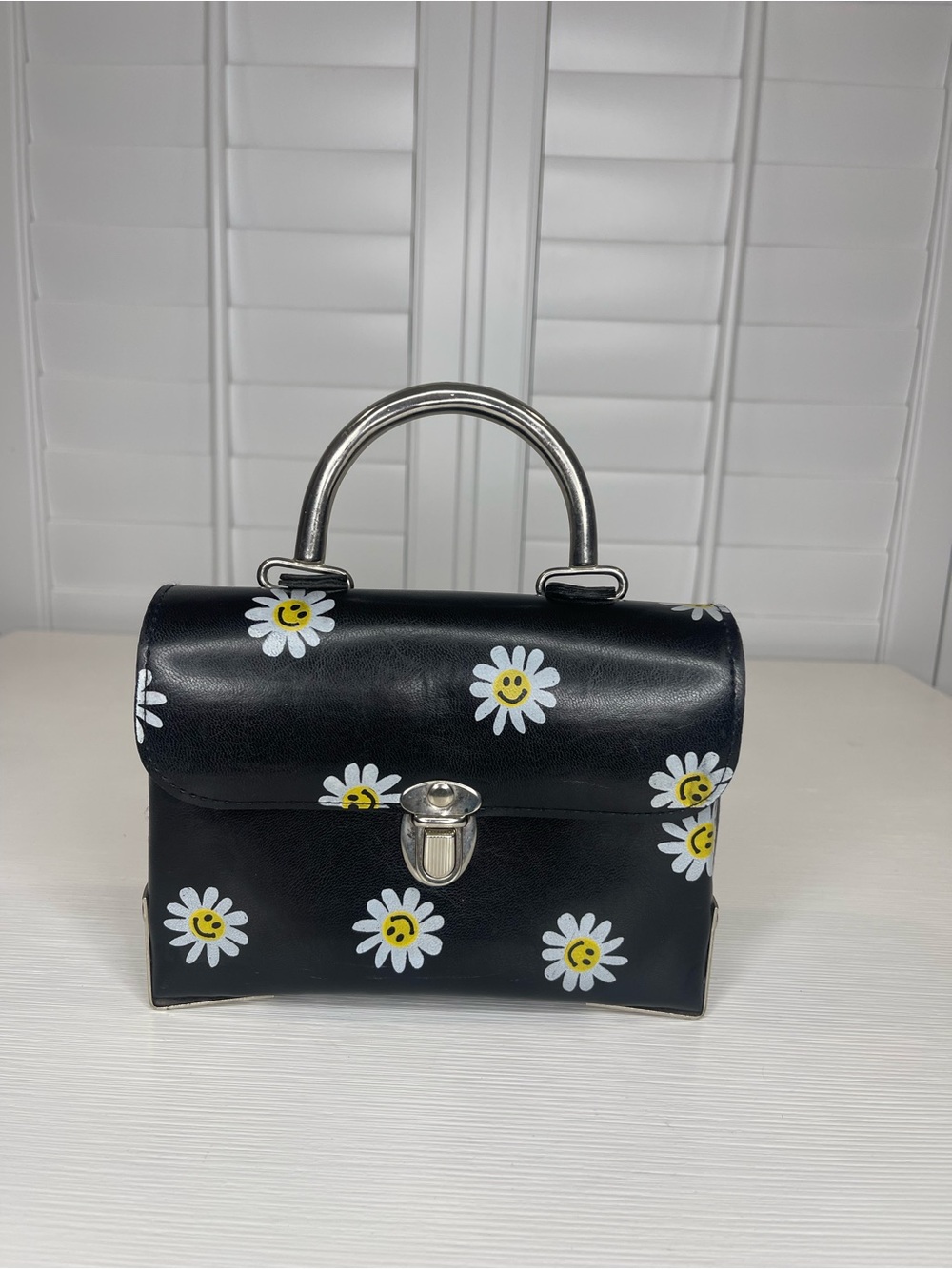 Black Daisy Print Top-Handle Bag